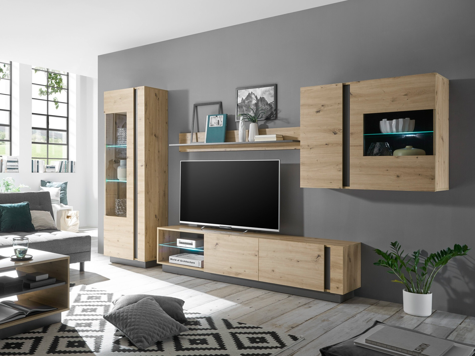 Parete attrezzata Veropho 113 (Rovere Artisan + Grafite)