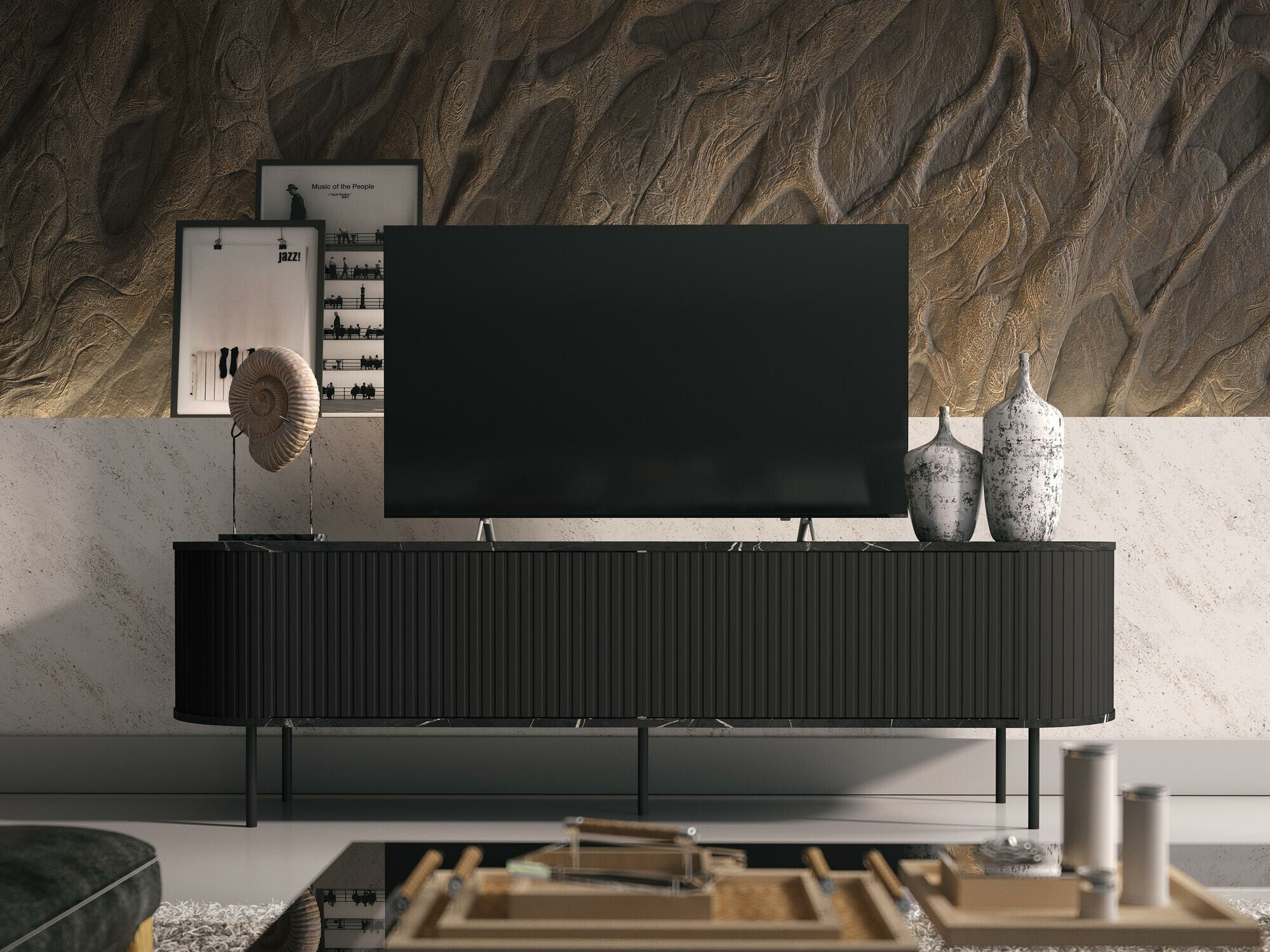 Mobile porta TV Charlotte 196 (Marmo nero + Nero)