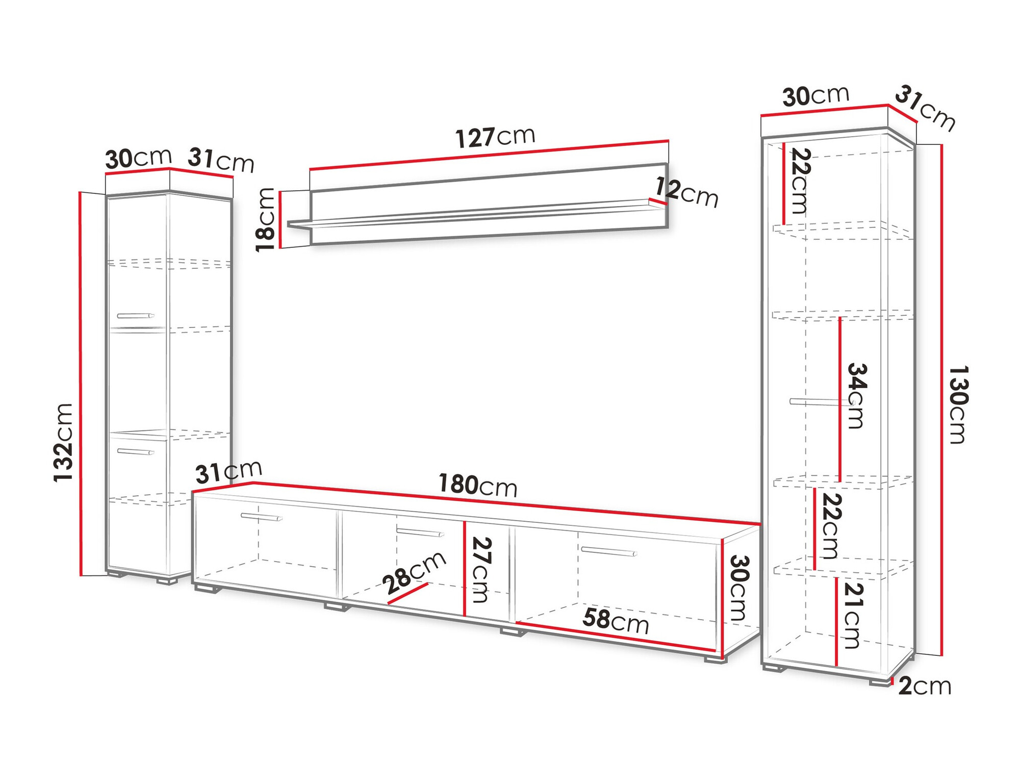 Parete attrezzata Sarasota 175 (Nero + Quercia di Wotan)
