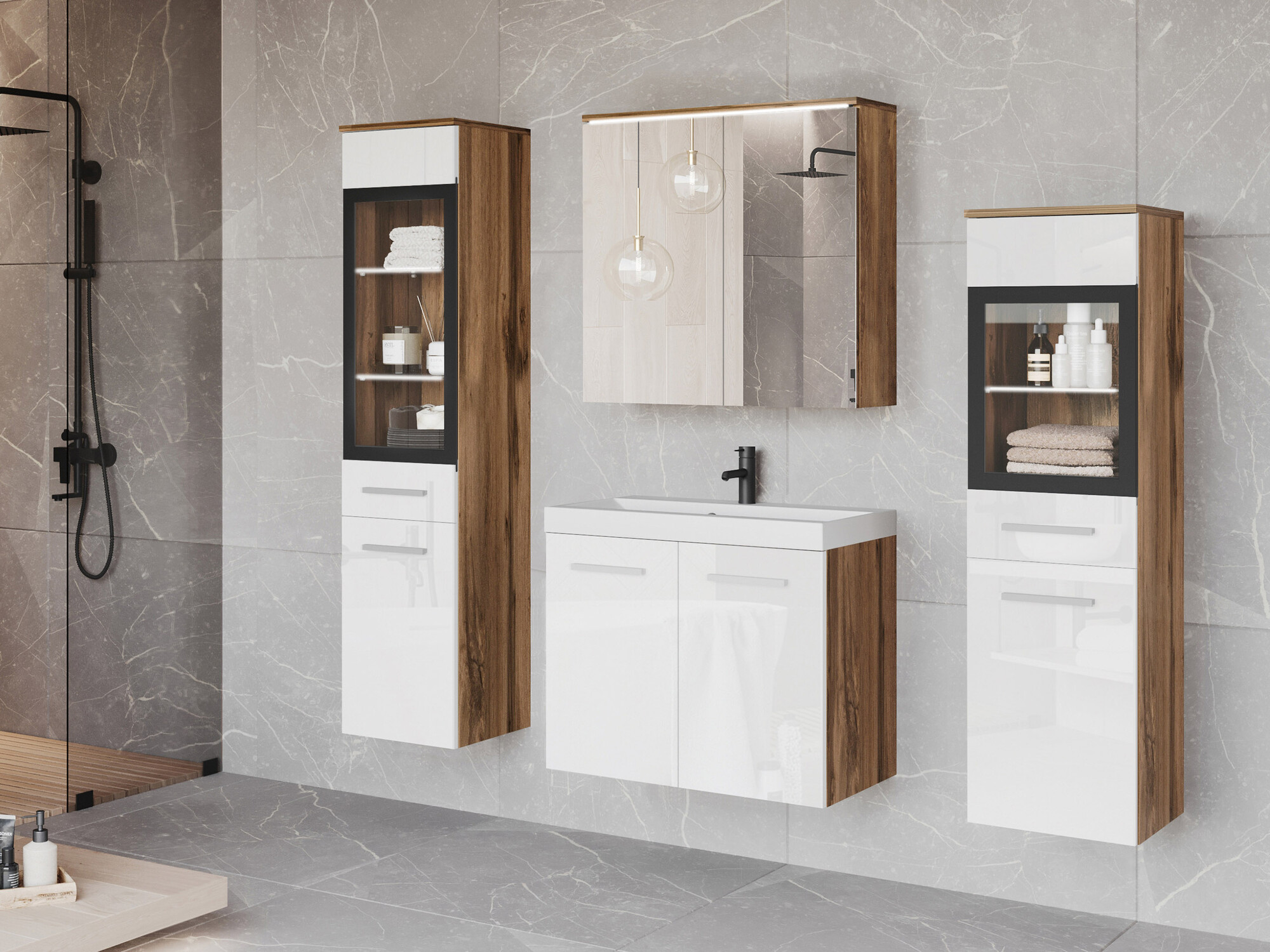 Set bagno Scientia III (Bianco lucido + Quercia di Wotan)