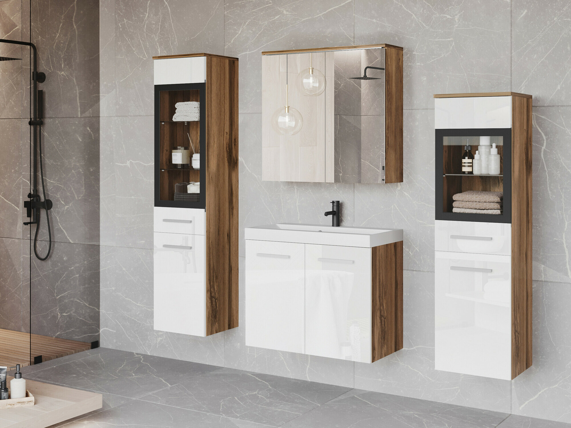 Set bagno Scientia III (Bianco lucido + Quercia di Wotan)
