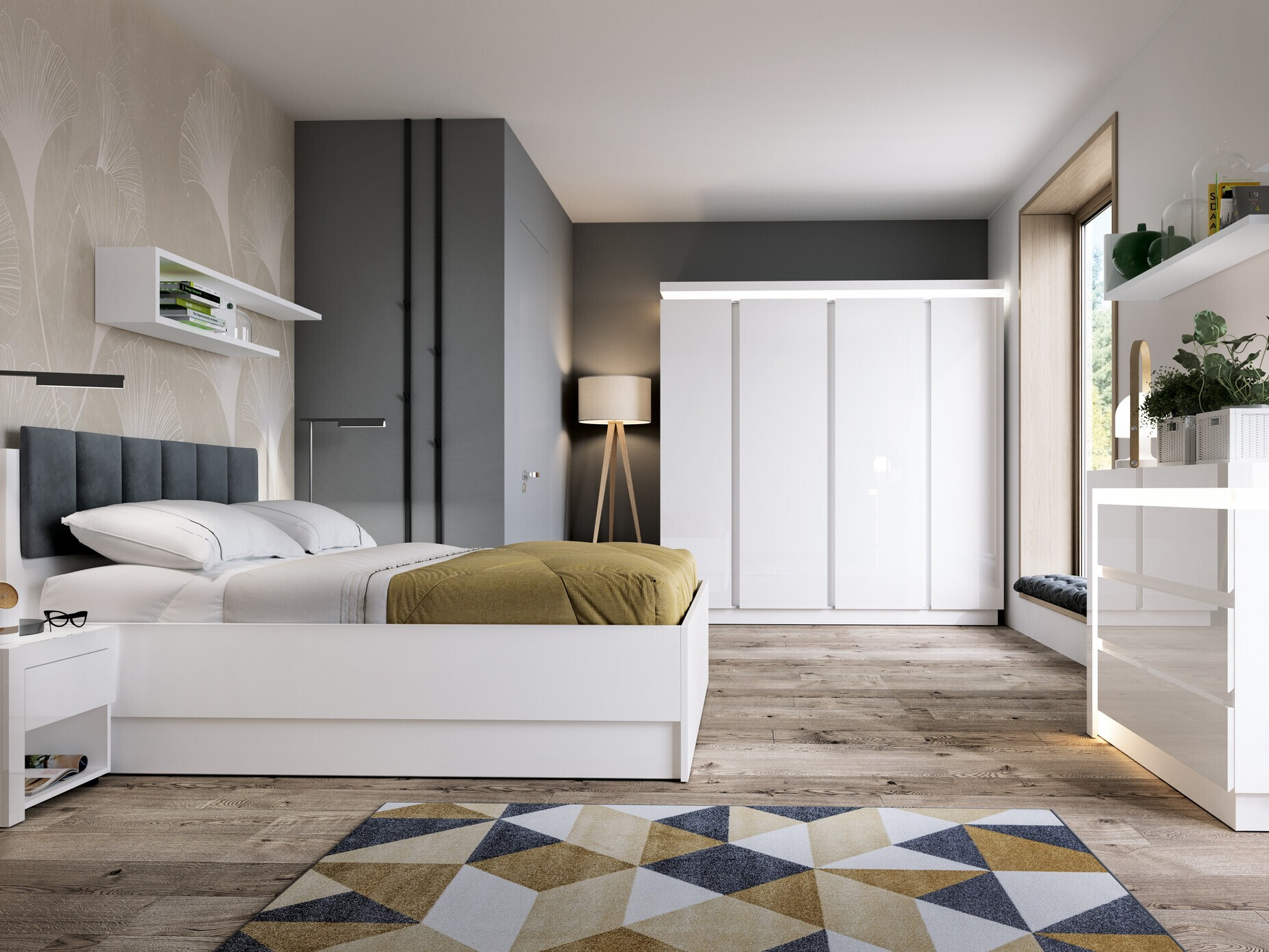 Armadio Feldeli 116 (Bianco + Bianco lucido)