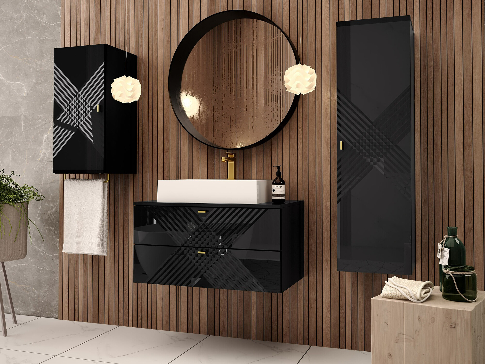 Mobiletto del bagno Natar (Nero + Nero lucido)