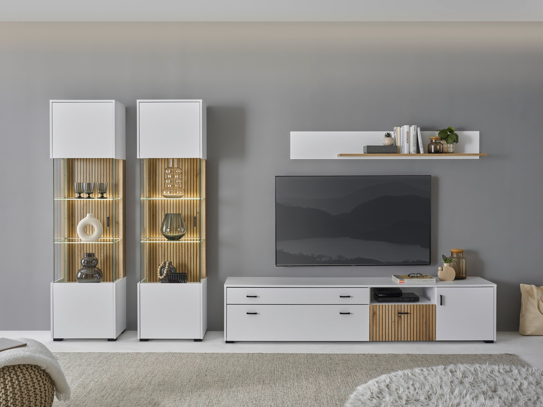 Parete attrezzata Belmelu 117 (Bianco + Quercia)