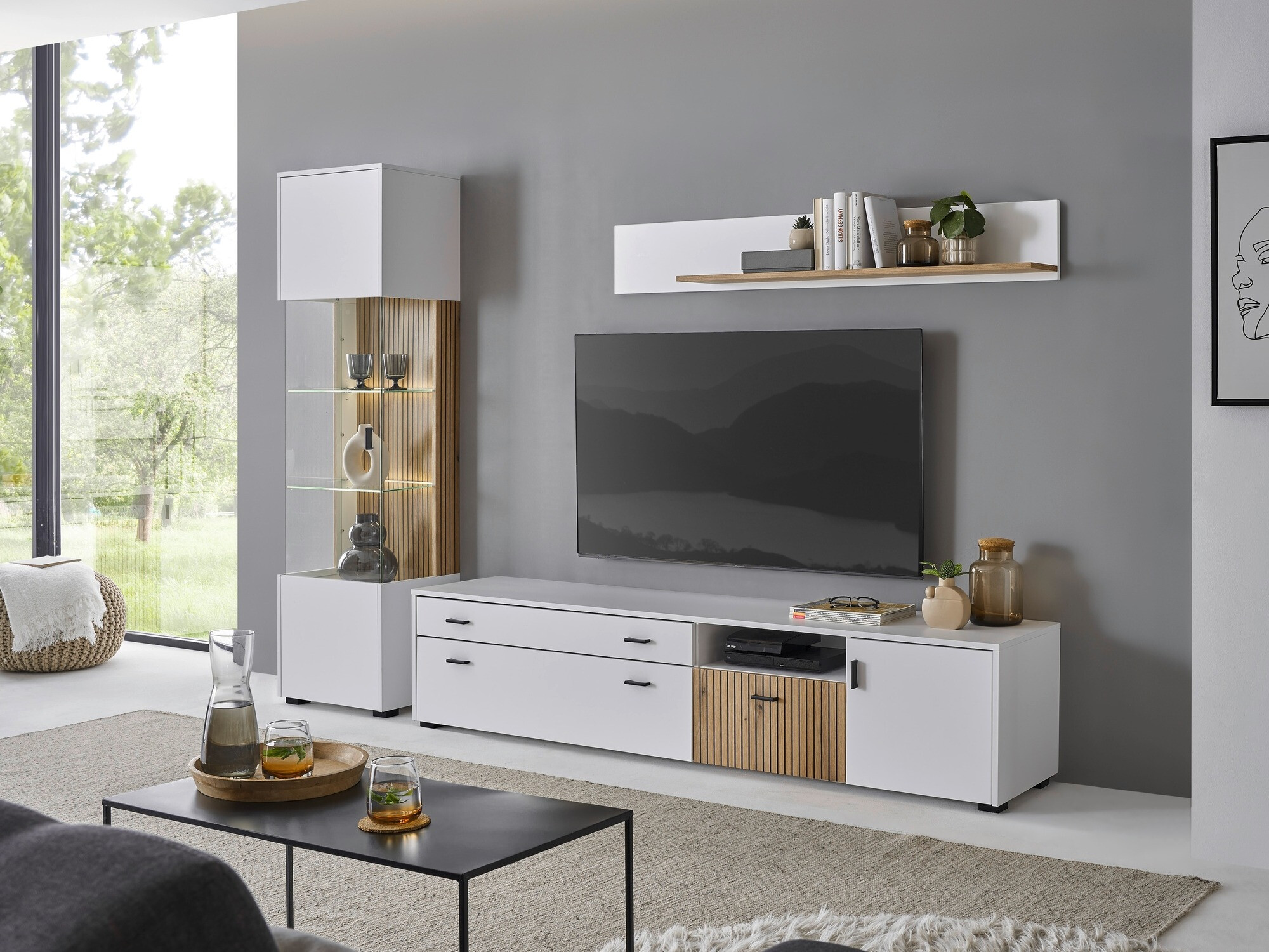 Parete attrezzata Belmelu 121 (Bianco + Quercia)