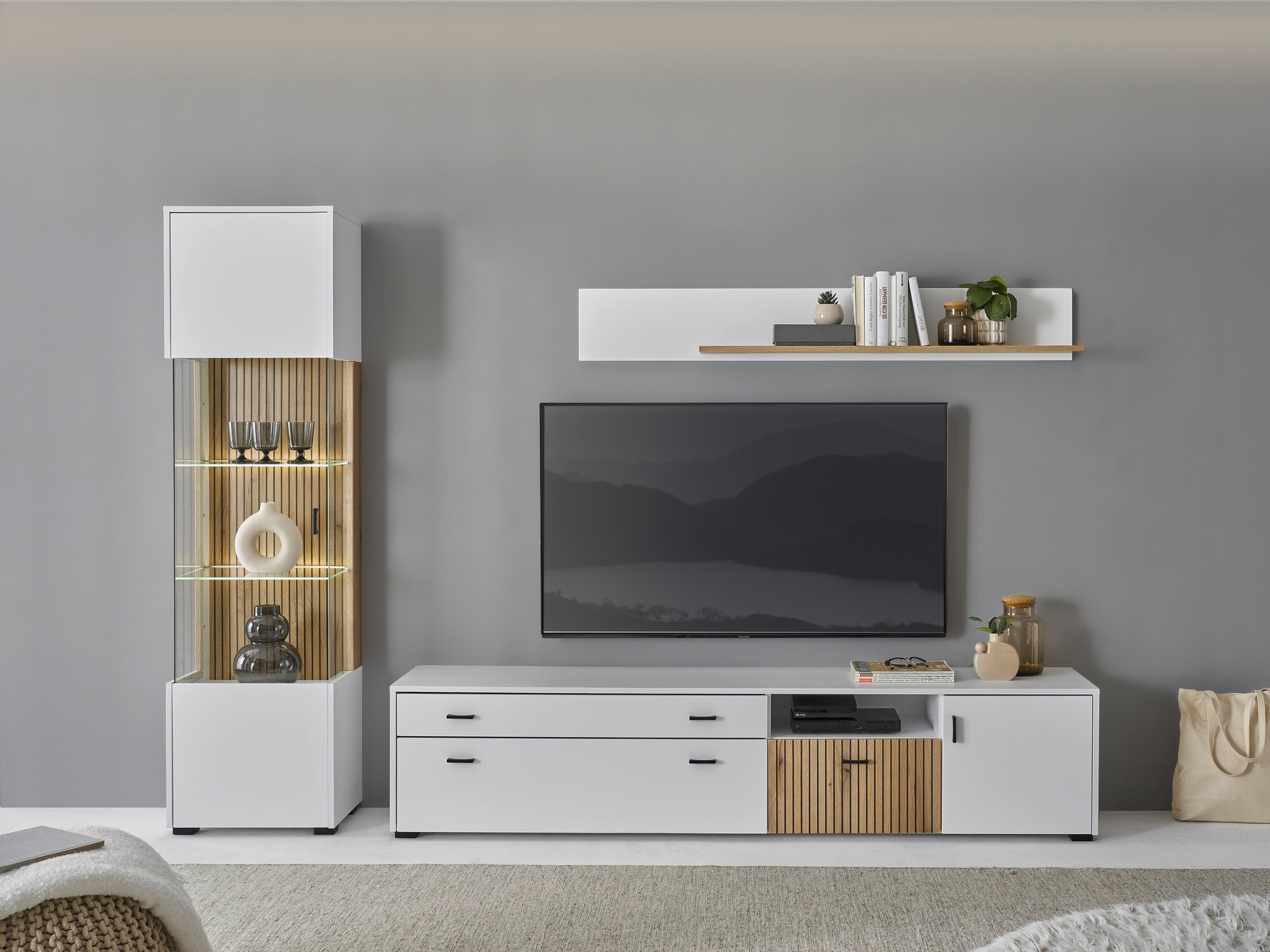 Parete attrezzata Belmelu 121 (Bianco + Quercia)