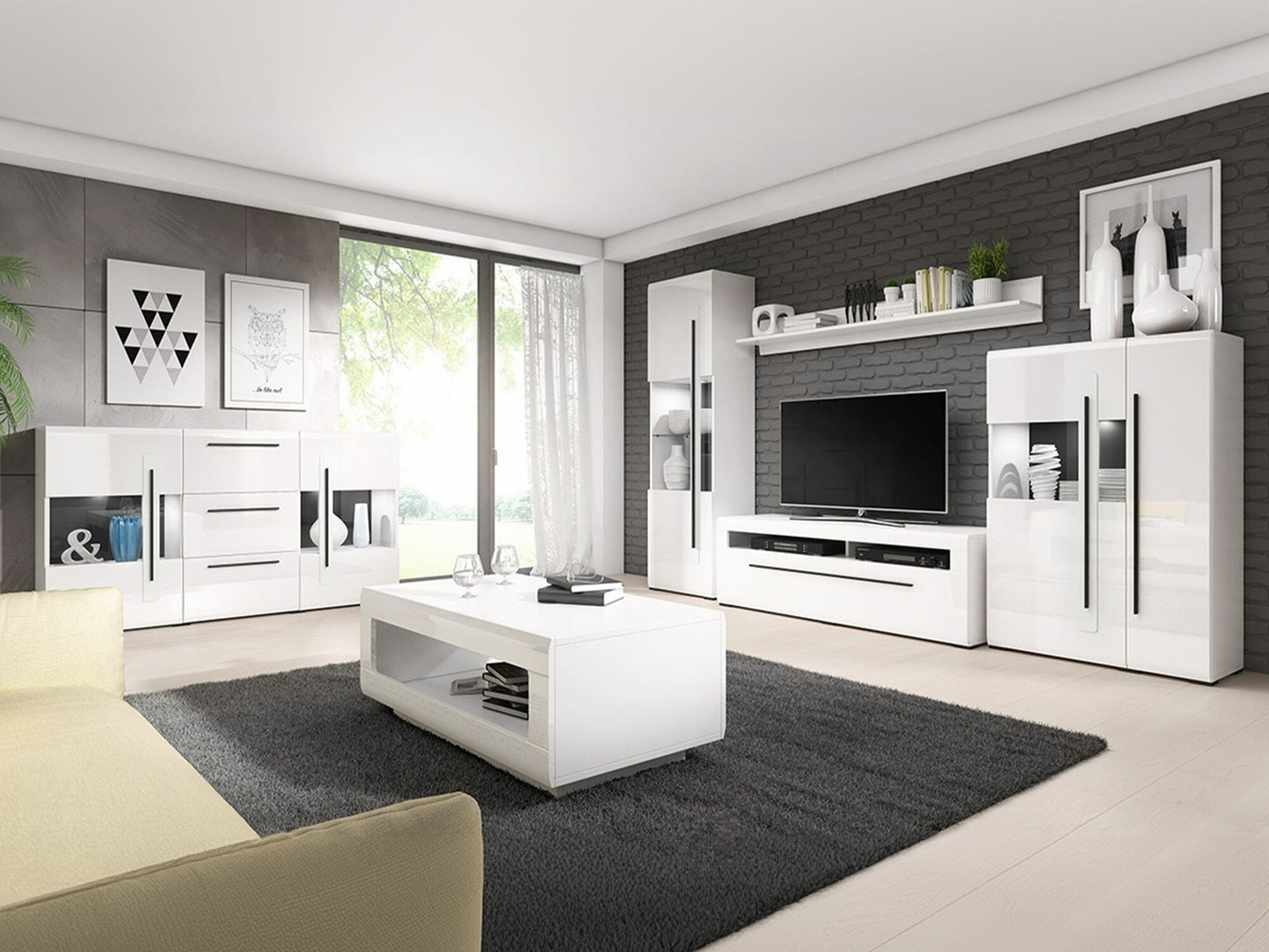 Parete attrezzata Ophsalu 112 (Bianco + Bianco lucido)