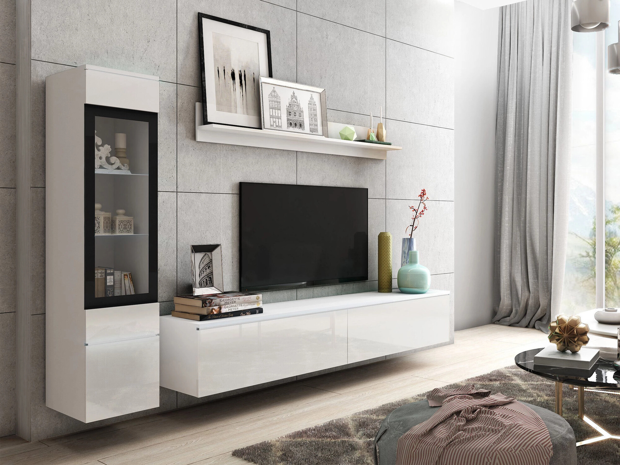 Parete attrezzata Mirfivo 100 (Bianco + Bianco lucido)