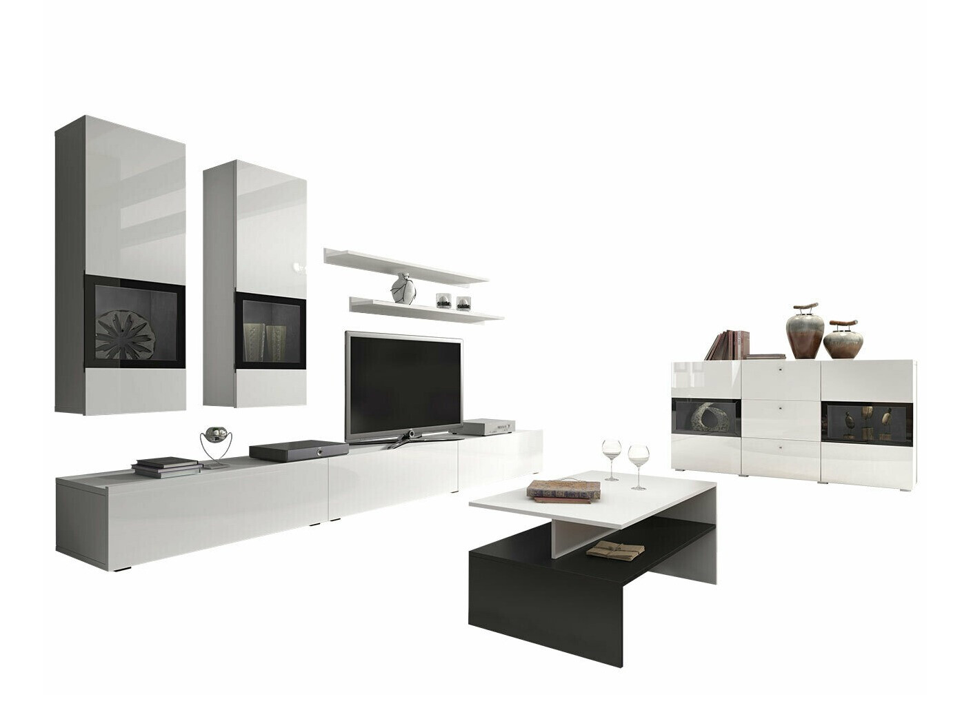 Parete attrezzata Serodeu 104 (Bianco + Bianco lucido)