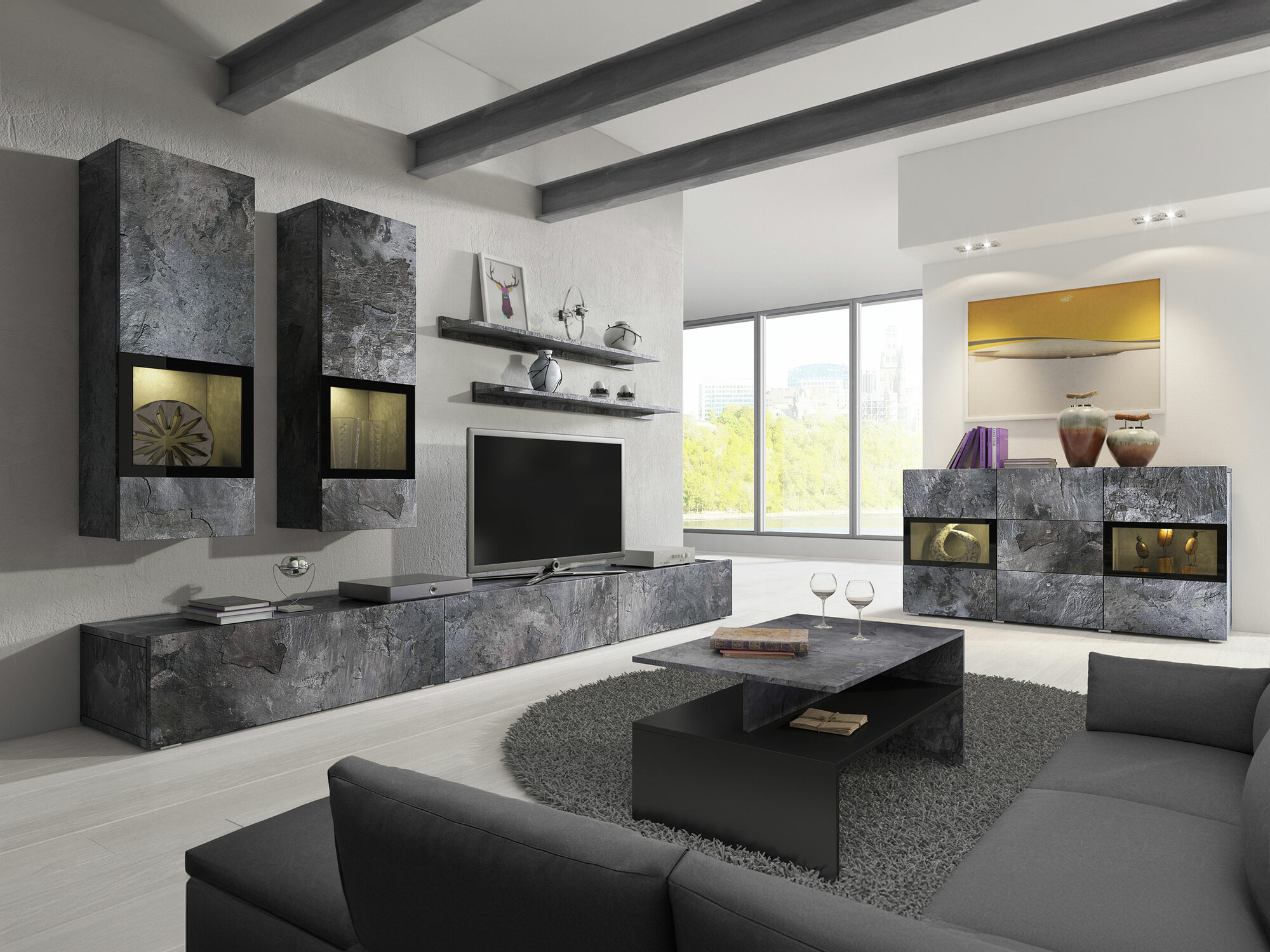 Parete attrezzata Serodeu 104 (Cemento scuro)