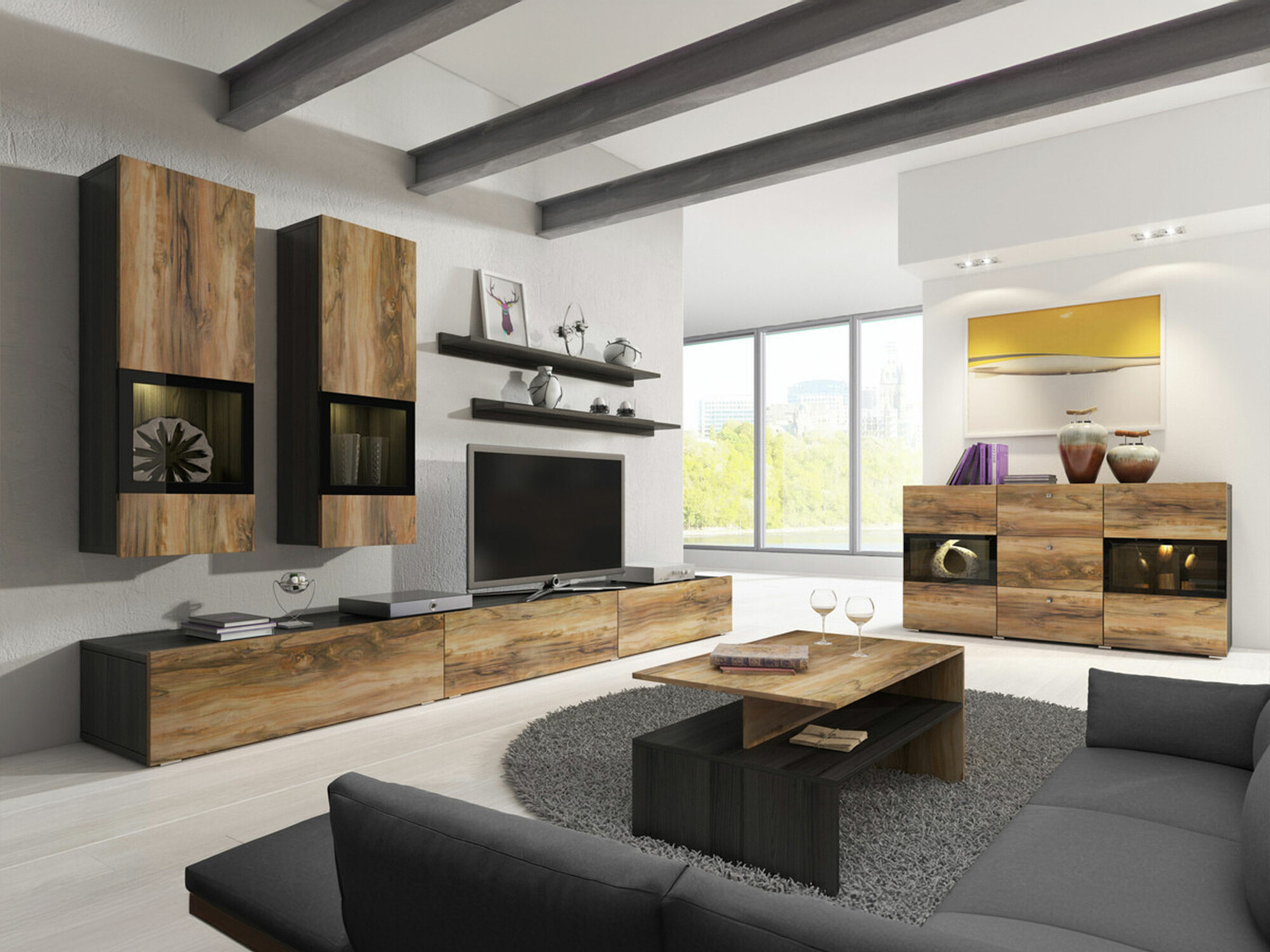 Parete attrezzata Serodeu 104 (Noce + Marrone scuro)