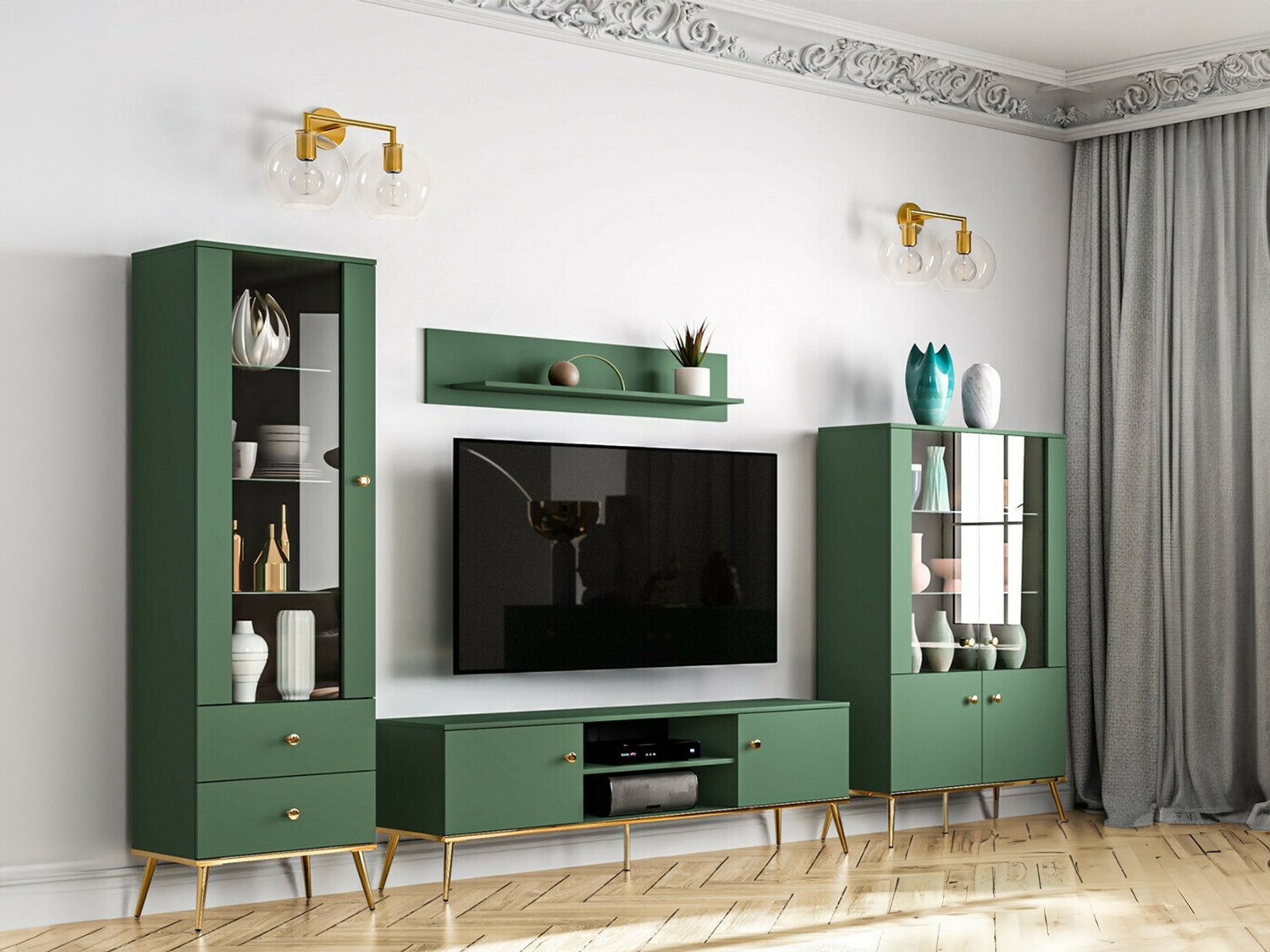 Parete attrezzata Flonovu 110 (Verde scuro + D'oro)