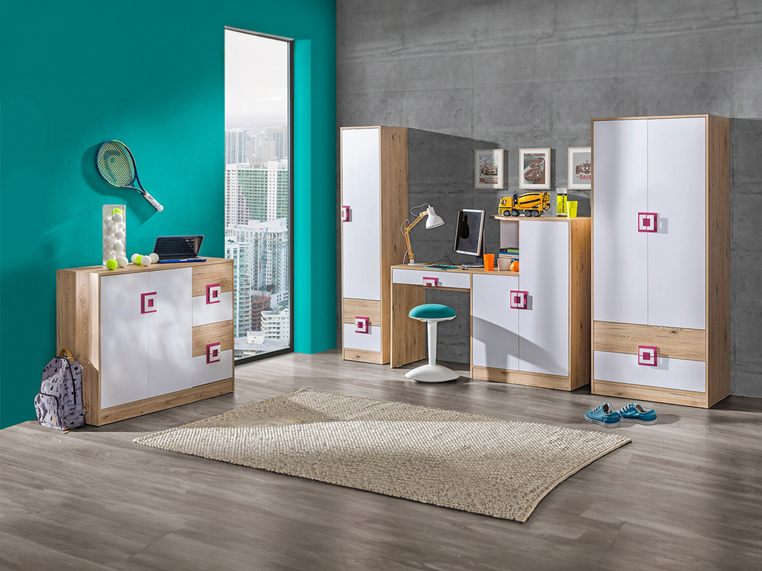 Set Camerette per bambini Balvire 114 (Rovere chiaro + Bianco + Fucsia)