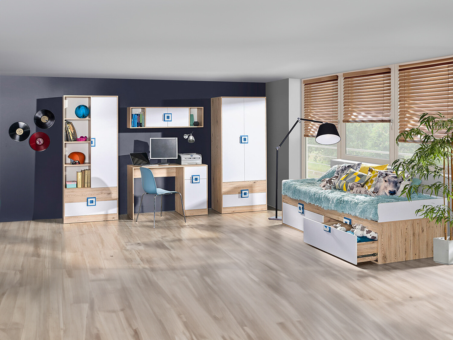 Set Camerette per bambini Balvire 116 (Rovere chiaro + Bianco + Turchese)