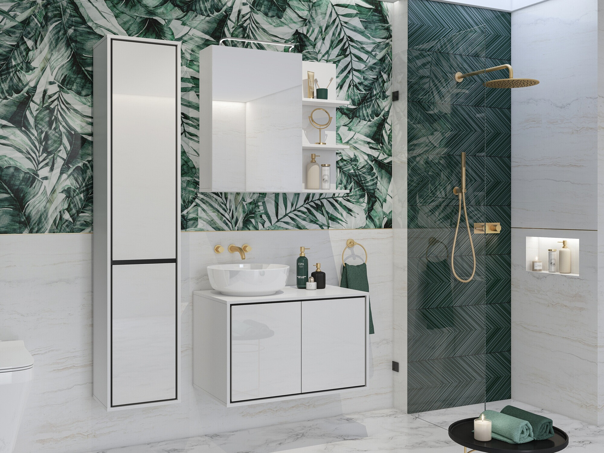 Armadietto a specchio da bagno Tecavu 102 (Bianco lucido + Bianco)