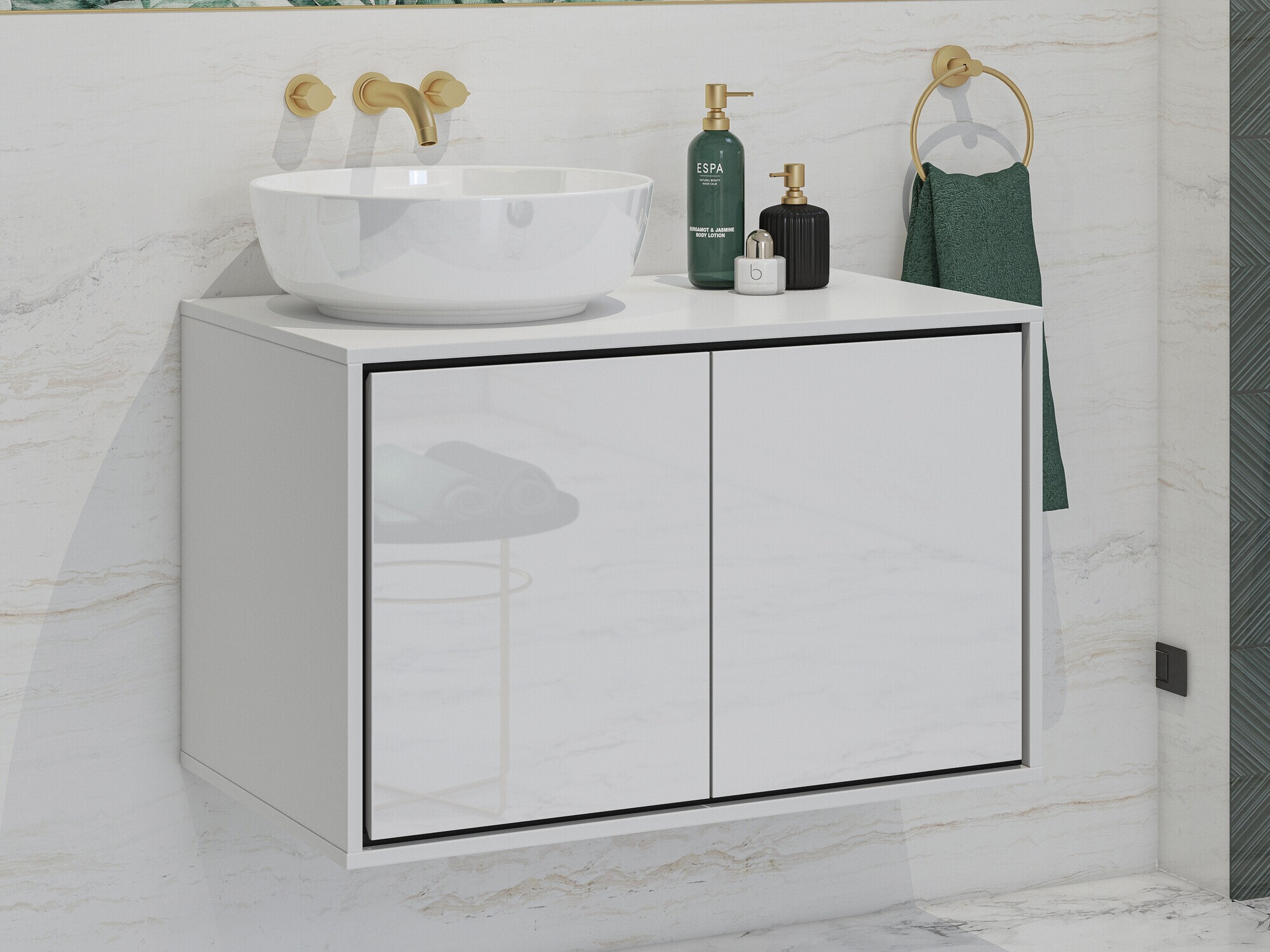 Comodino da bagno per lavandino Tecavu 103 (Bianco lucido + Bianco)