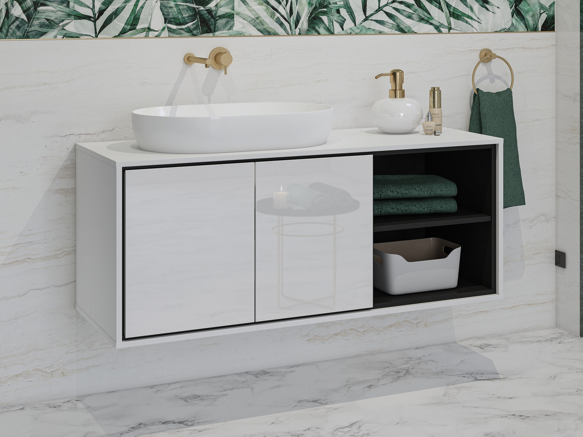 Mobiletto del bagno Tecavu 104 (Bianco lucido + Bianco)