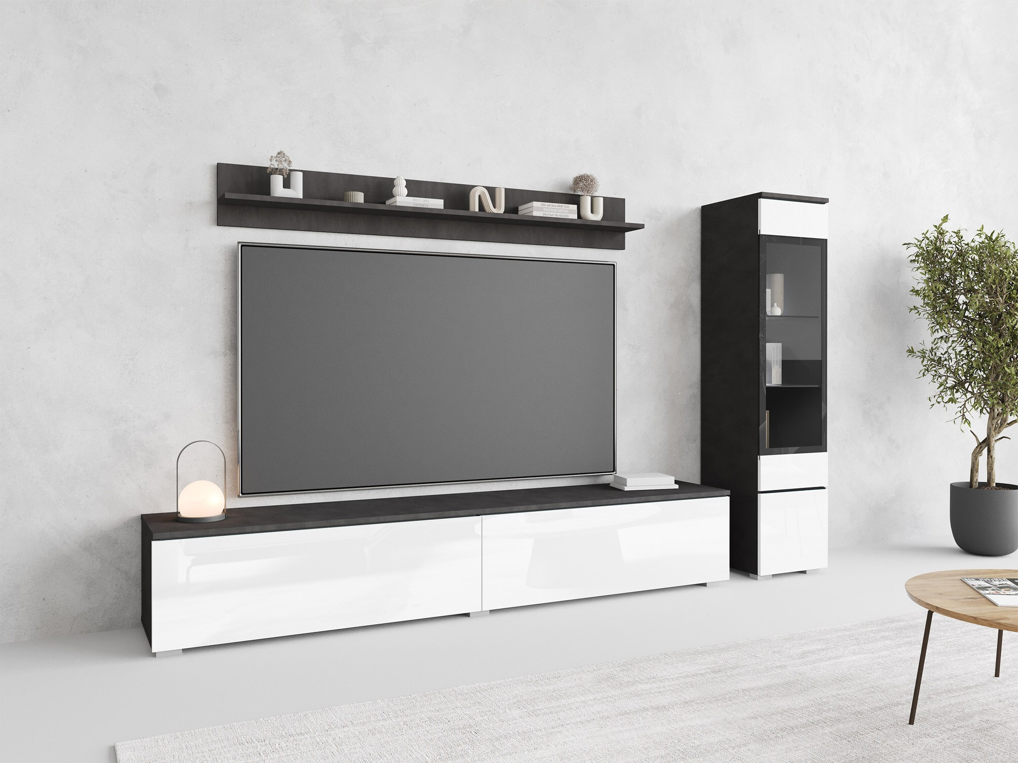 Parete attrezzata Mirfivo 100 (Matera grigio + Bianco lucido)