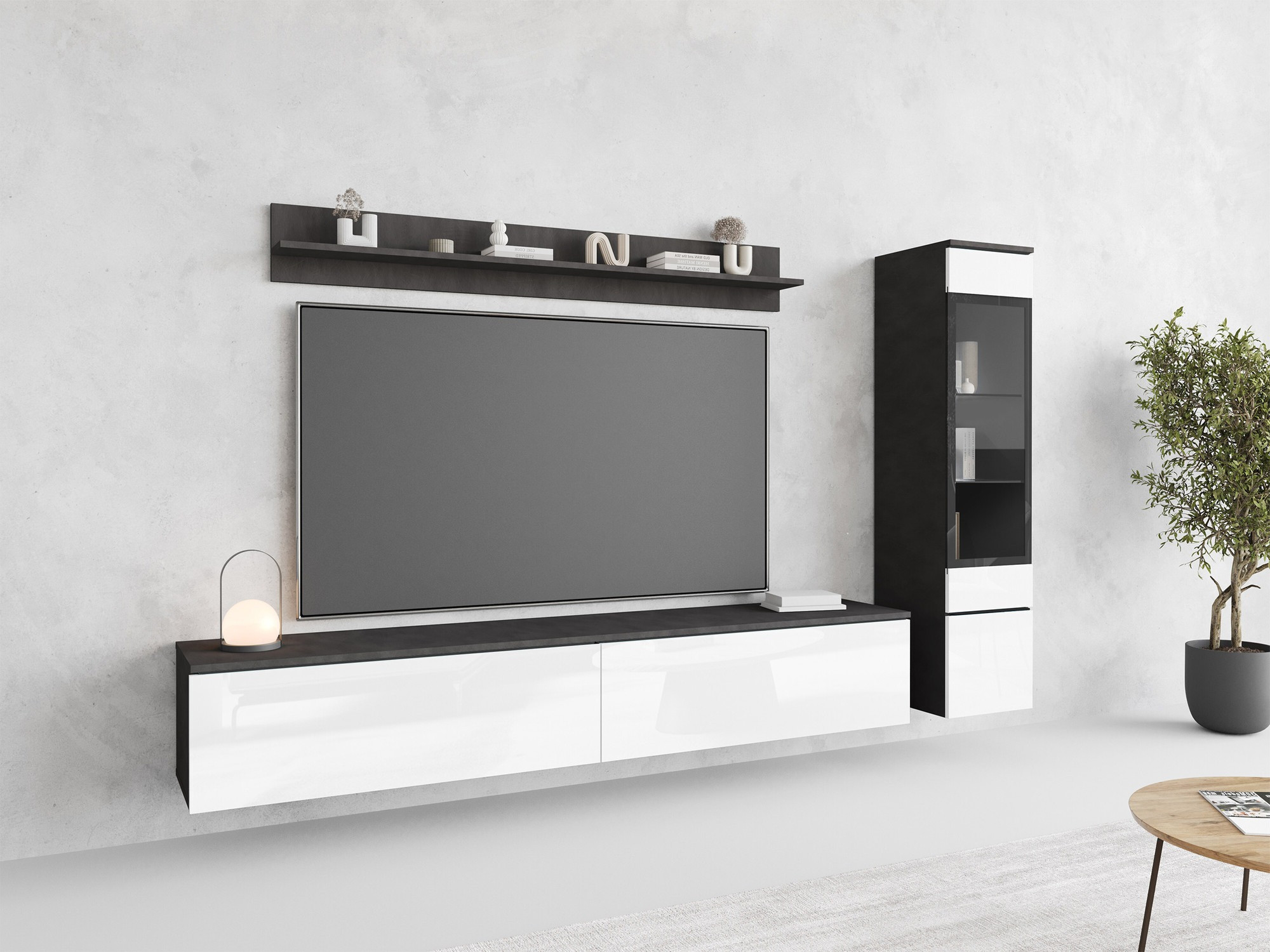 Parete attrezzata Mirfivo 100 (Matera grigio + Bianco lucido)