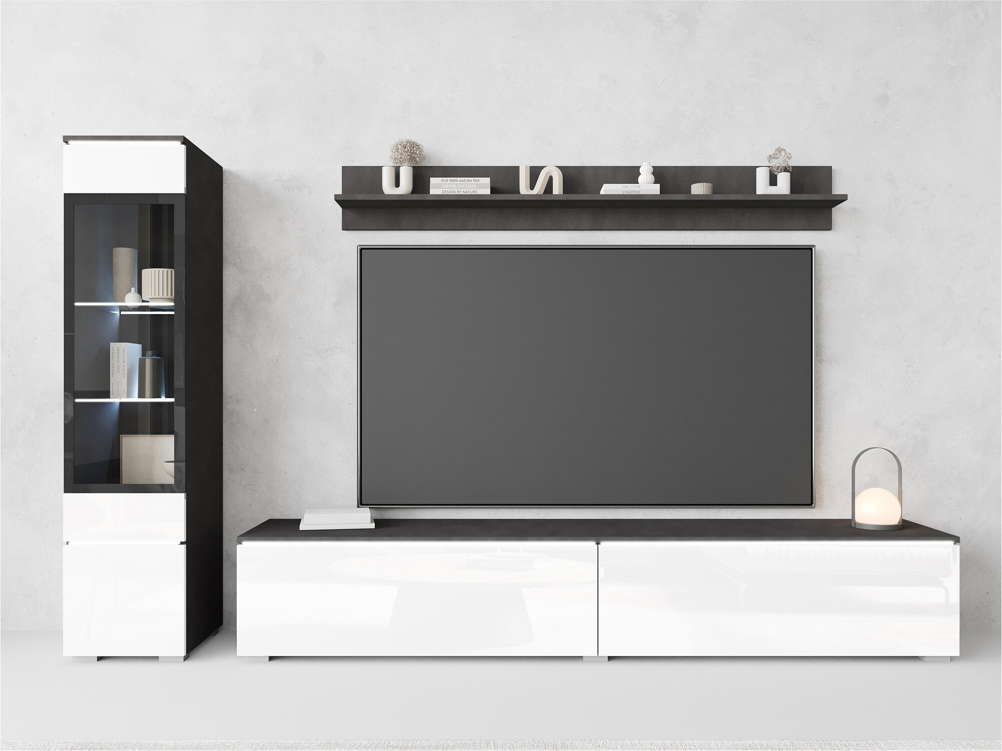 Parete attrezzata Mirfivo 100 (Matera grigio + Bianco lucido)