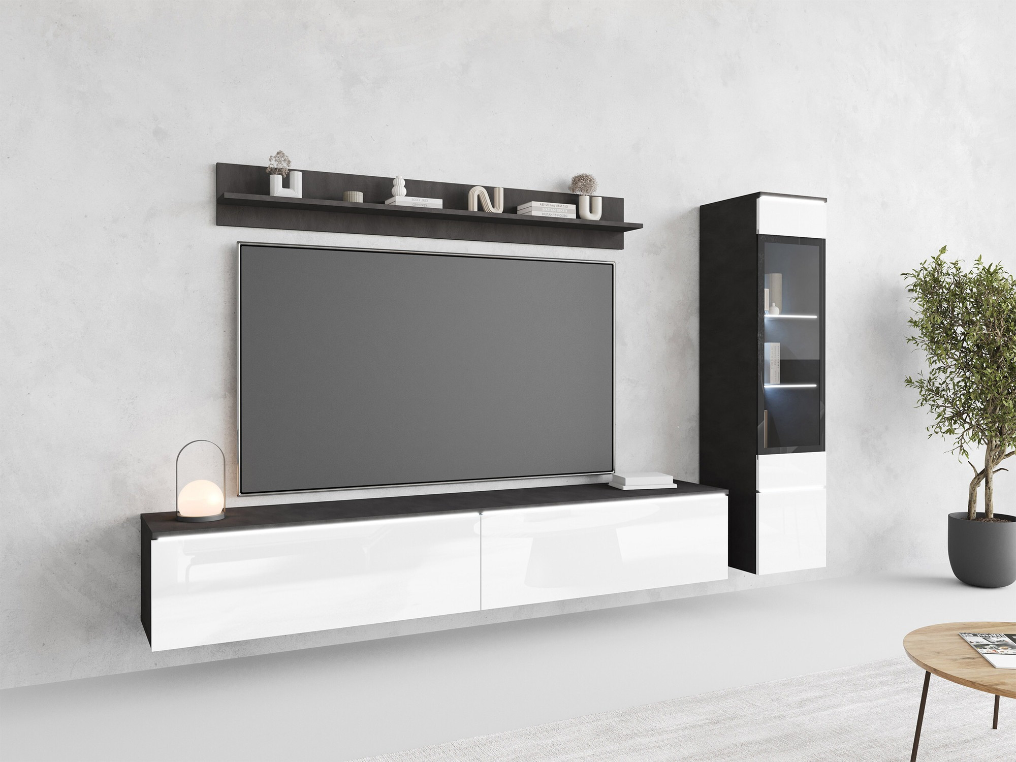 Parete attrezzata Mirfivo 100 (Matera grigio + Bianco lucido)
