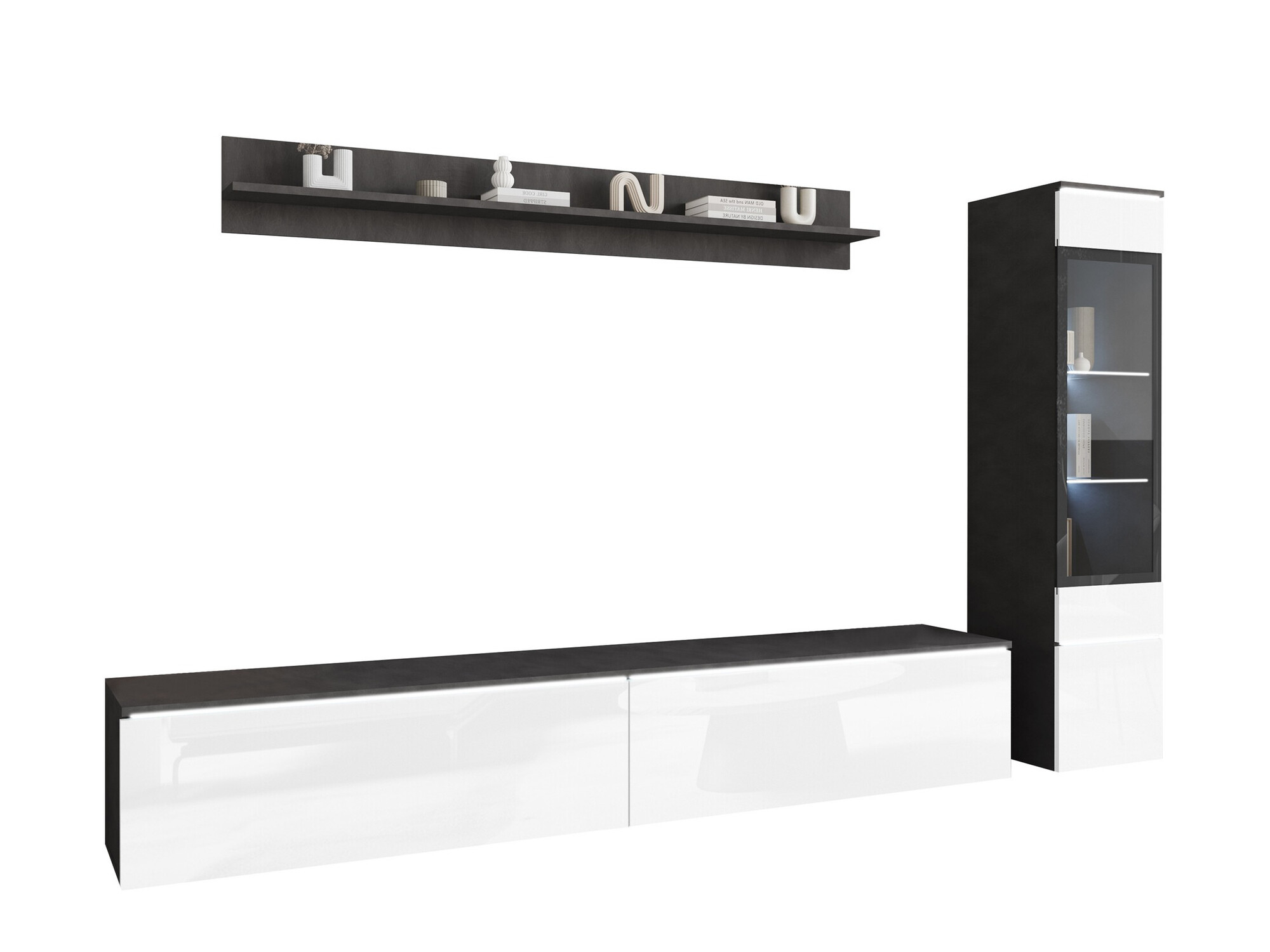 Parete attrezzata Mirfivo 100 (Matera grigio + Bianco lucido)