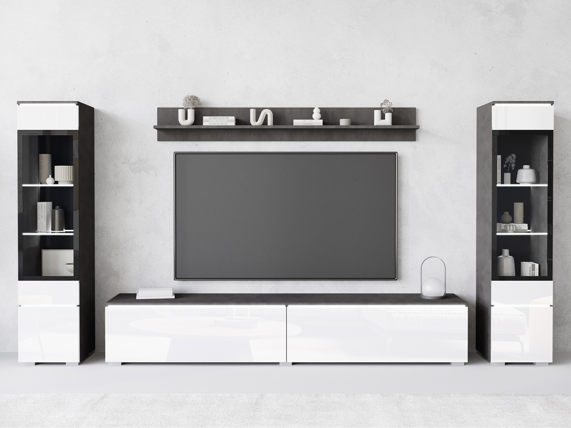 Parete attrezzata Mirfivo 101 (Matera grigio + Bianco lucido)