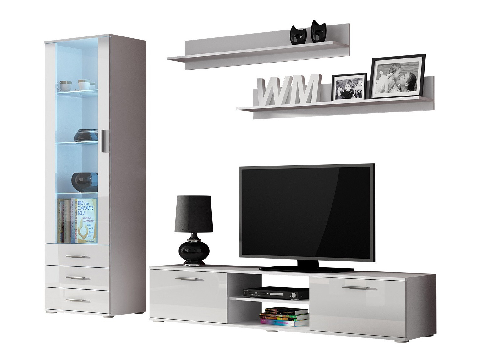 Parete attrezzata Tornola 107 (Bianco + Bianco lucido)