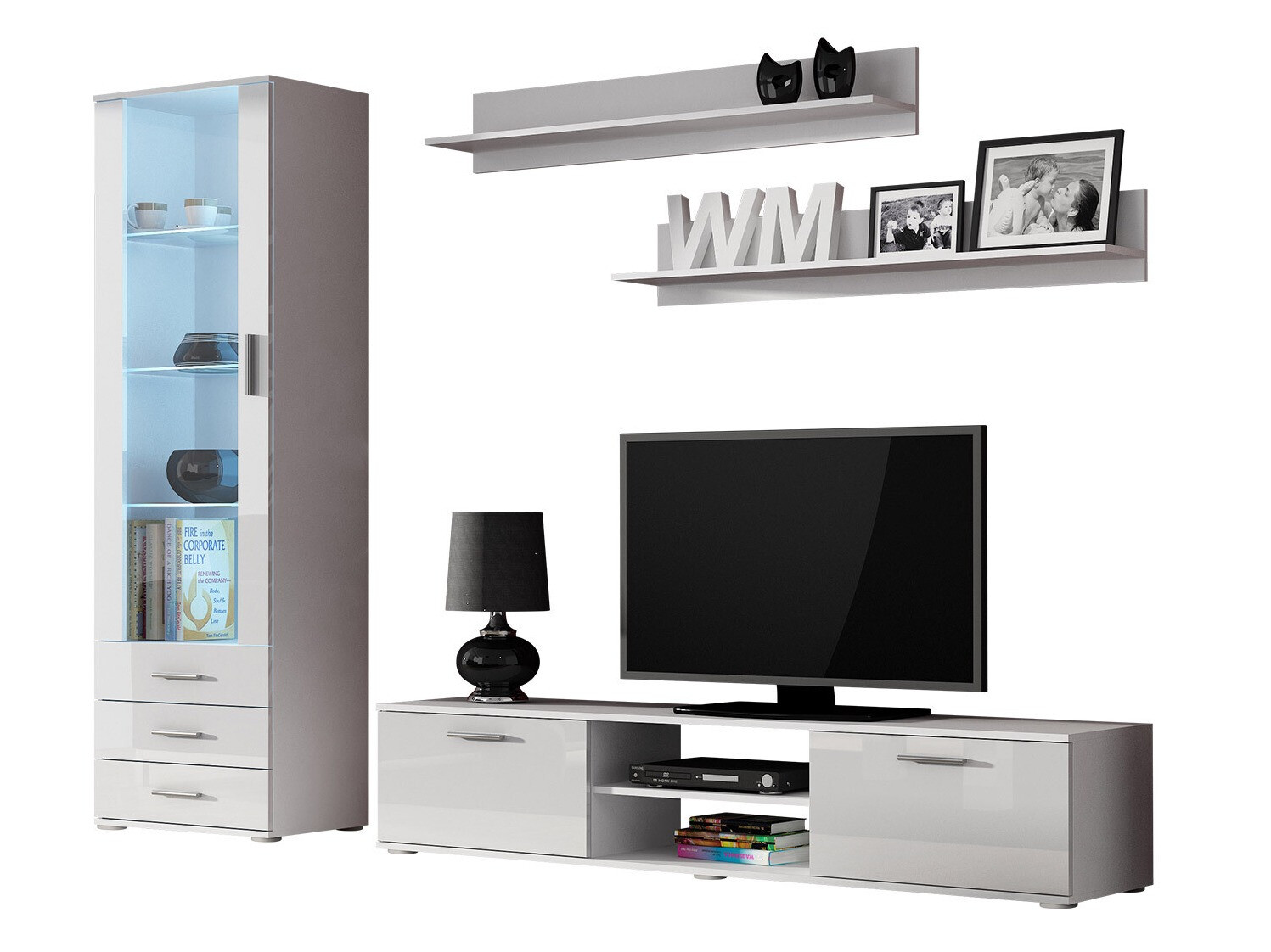 Parete attrezzata Tornola 107 (Bianco + Bianco lucido)