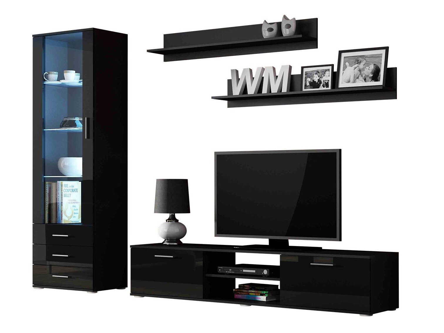 Parete attrezzata Tornola 107 (Nero + Nero lucido)