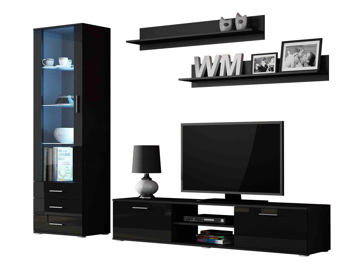 Parete attrezzata Tornola 107 (Nero + Nero lucido)