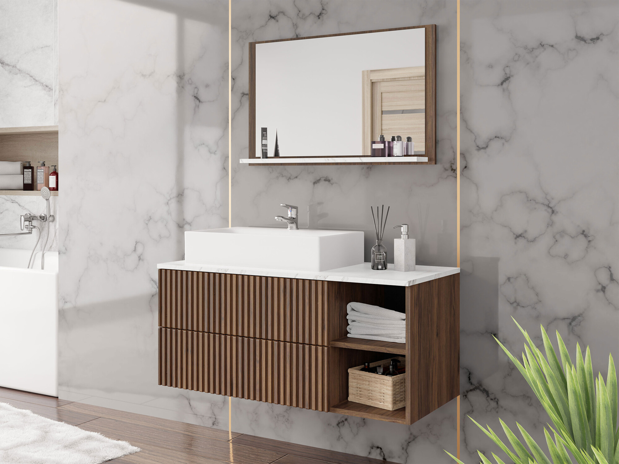 Set bagno Nauta (Noce + Marmo bianco)