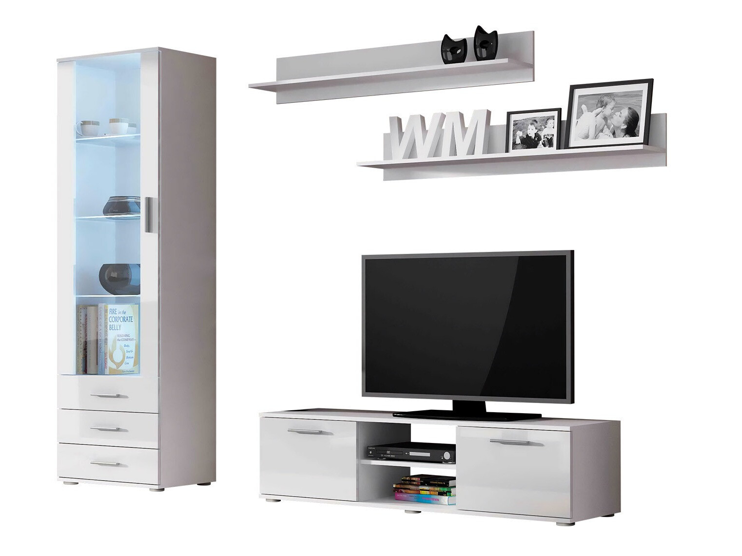 Parete attrezzata Tornola 110 (Bianco + Bianco lucido)