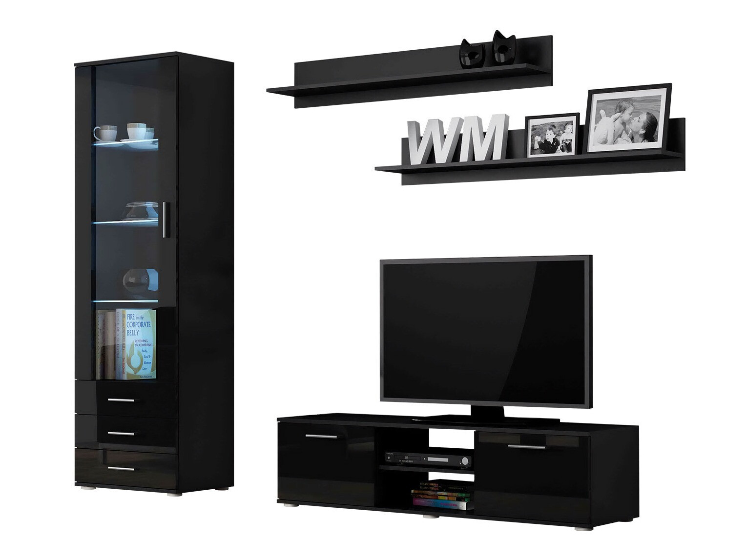 Parete attrezzata Tornola 110 (Nero + Nero lucido)