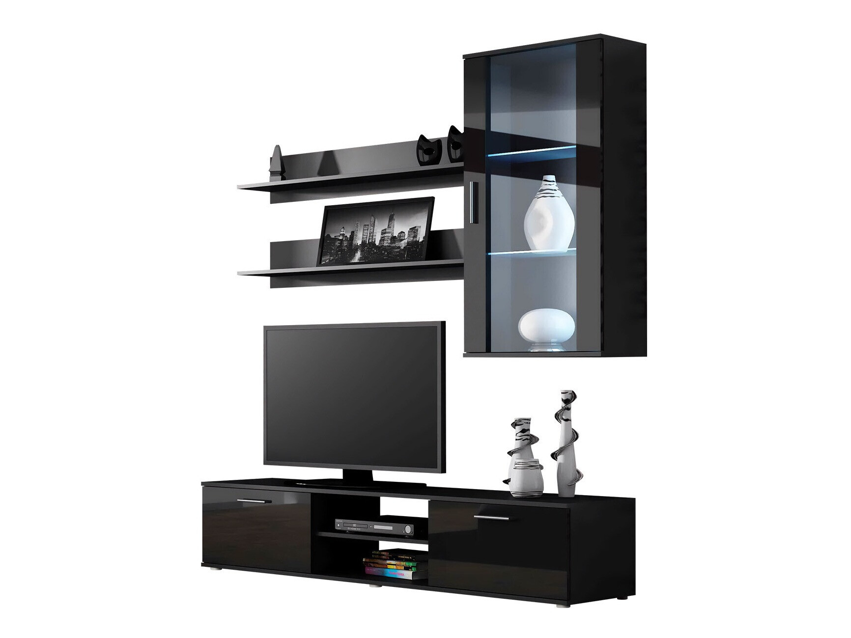 Parete attrezzata Tornola 113 (Nero + Nero lucido)