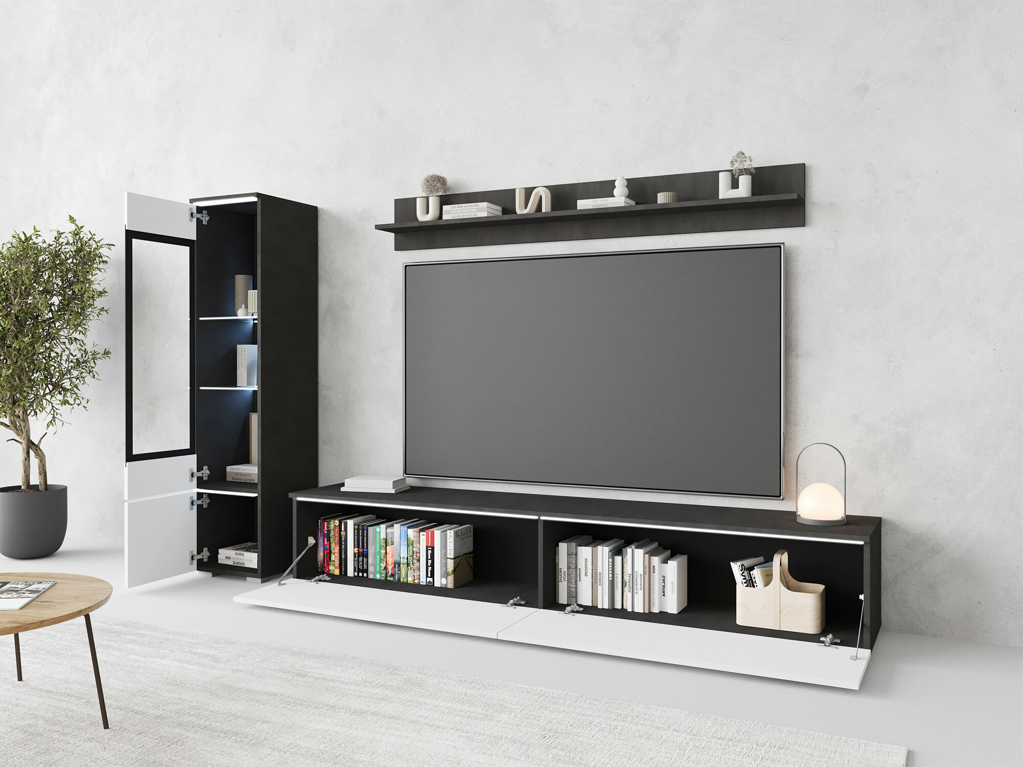 Parete attrezzata Mirfivo 100 (Matera grigio + Bianco lucido)
