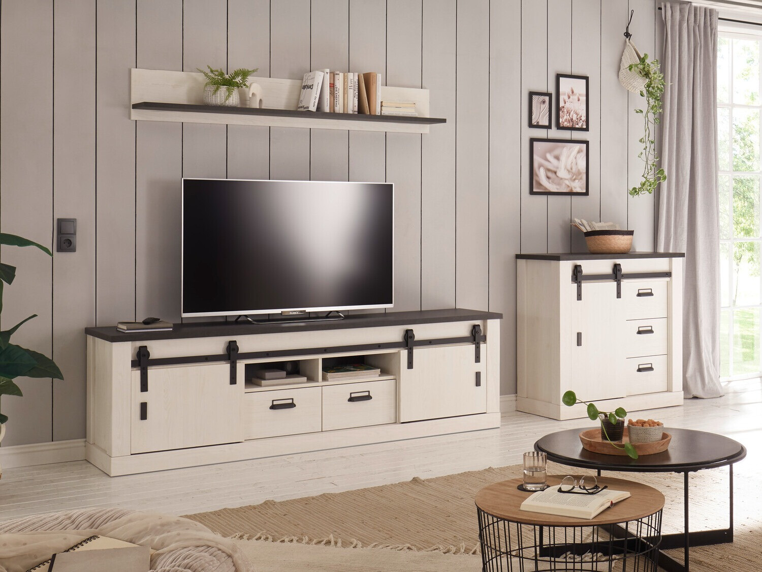 Parete attrezzata Cirtale 132 (Pino sbiancato + Antracite)