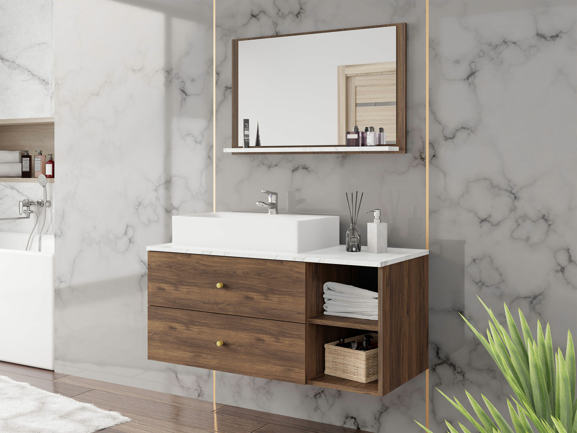 Set bagno Salus I (Noce + Marmo bianco)
