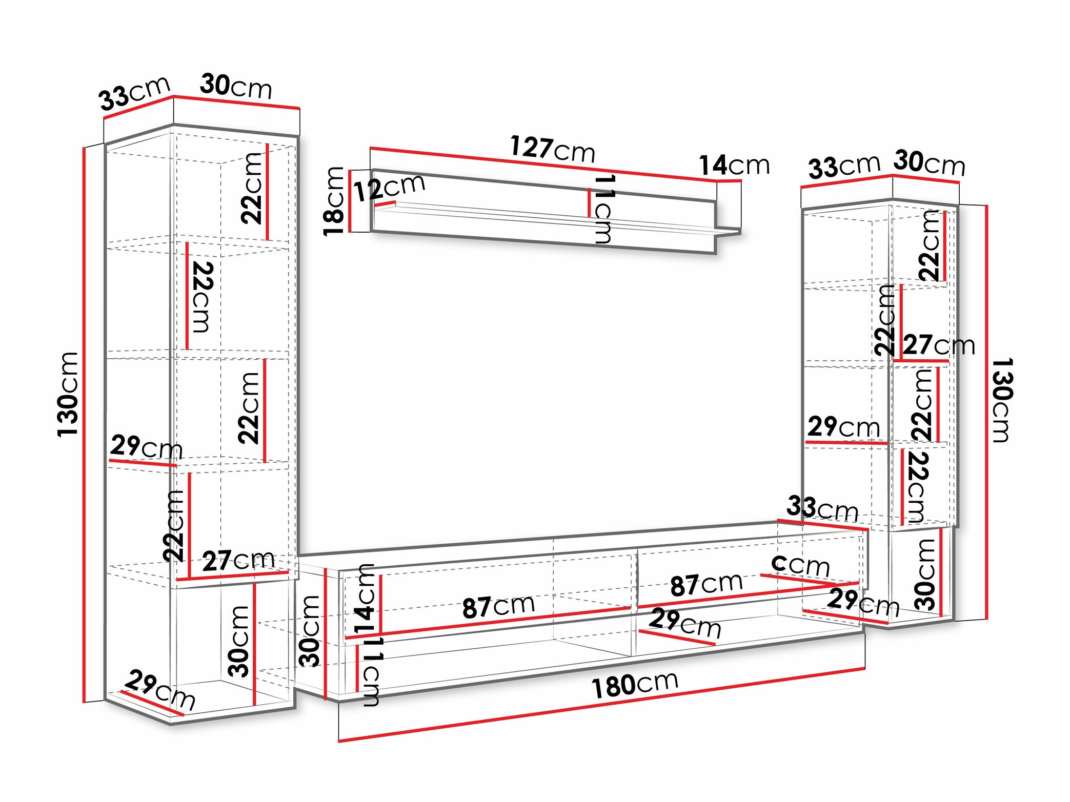 Parete attrezzata Sarasota 176 (Bianco + Bianco lucido)
