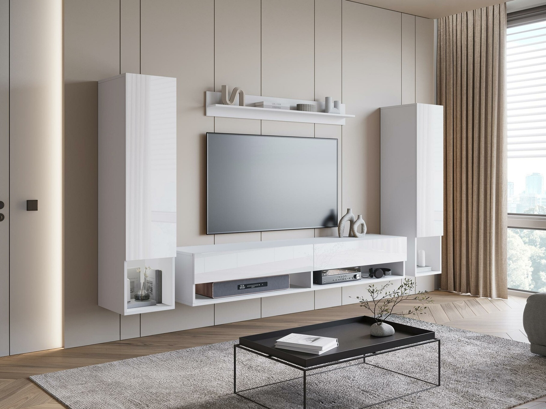 Parete attrezzata Sarasota 176 (Bianco + Bianco lucido)