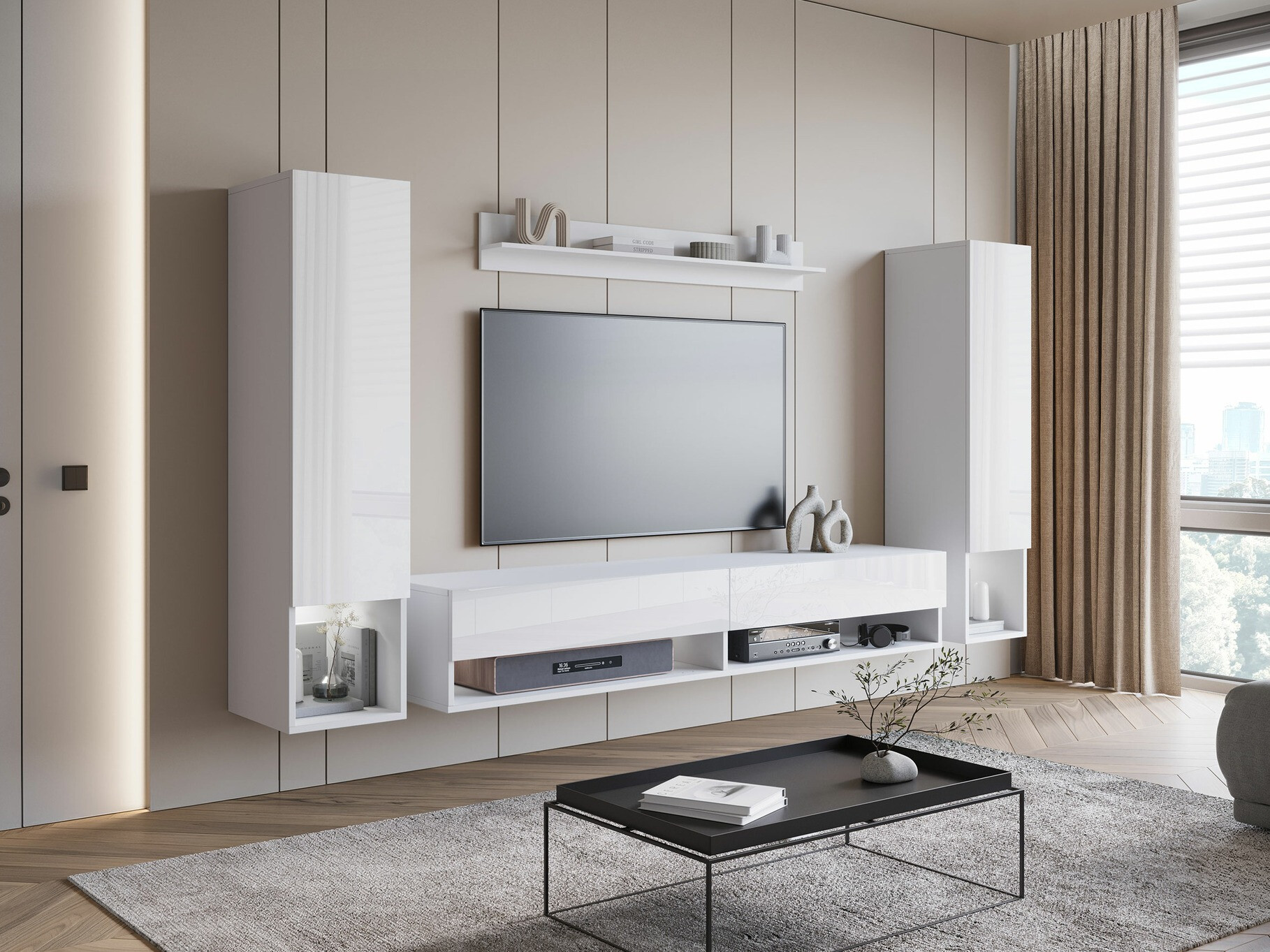 Parete attrezzata Sarasota 176 (Bianco + Bianco lucido)