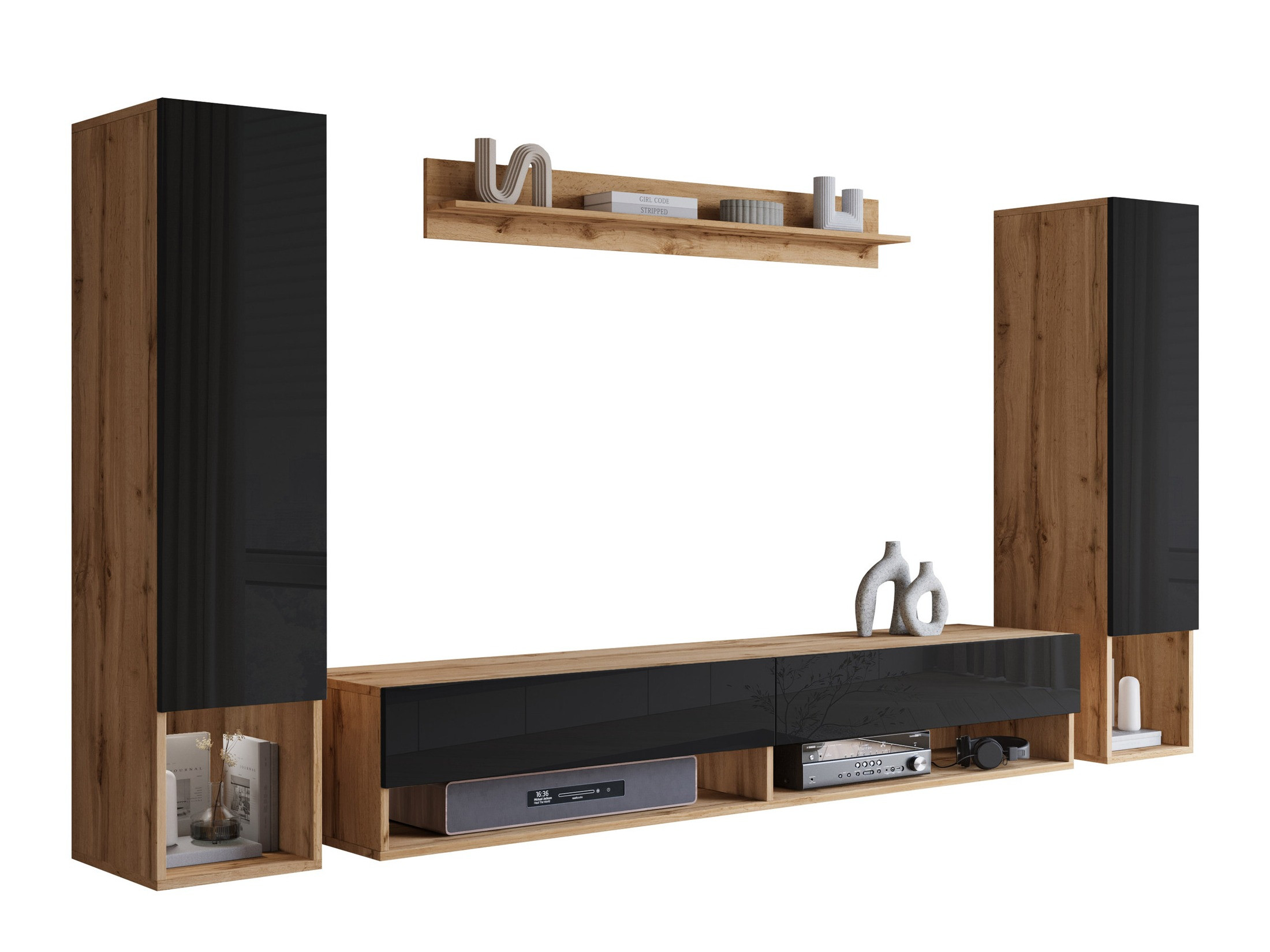 Parete attrezzata Sarasota 176 (Quercia di Wotan + Nero lucido)