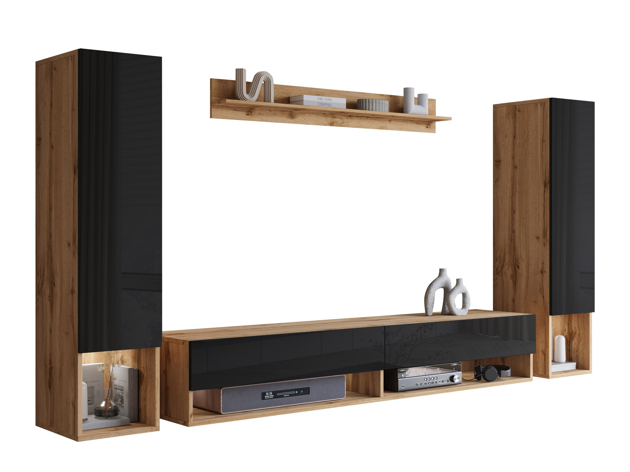 Parete attrezzata Sarasota 176 (Quercia di Wotan + Nero lucido)