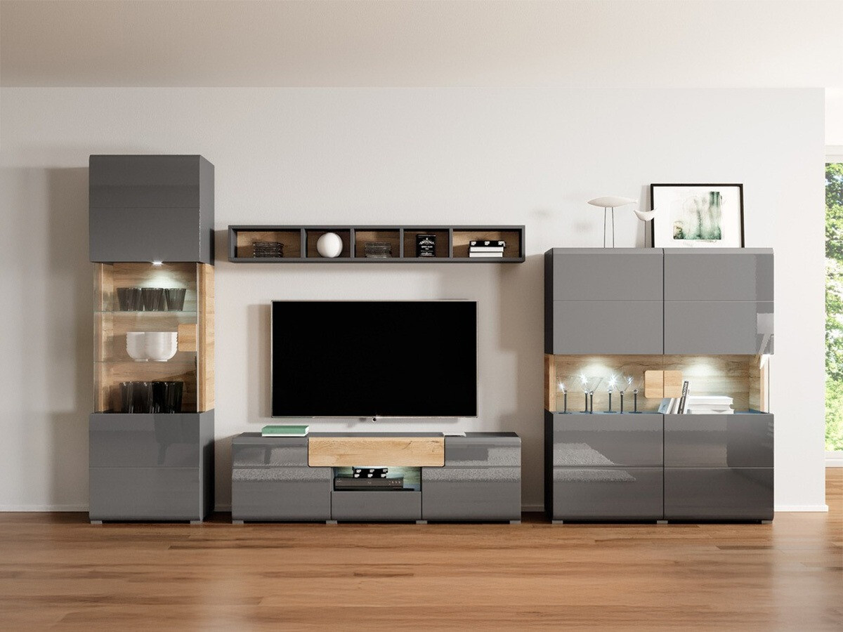 Parete attrezzata Torsone 104 (Antracite + Gloss antracite + Nipote di quercia)