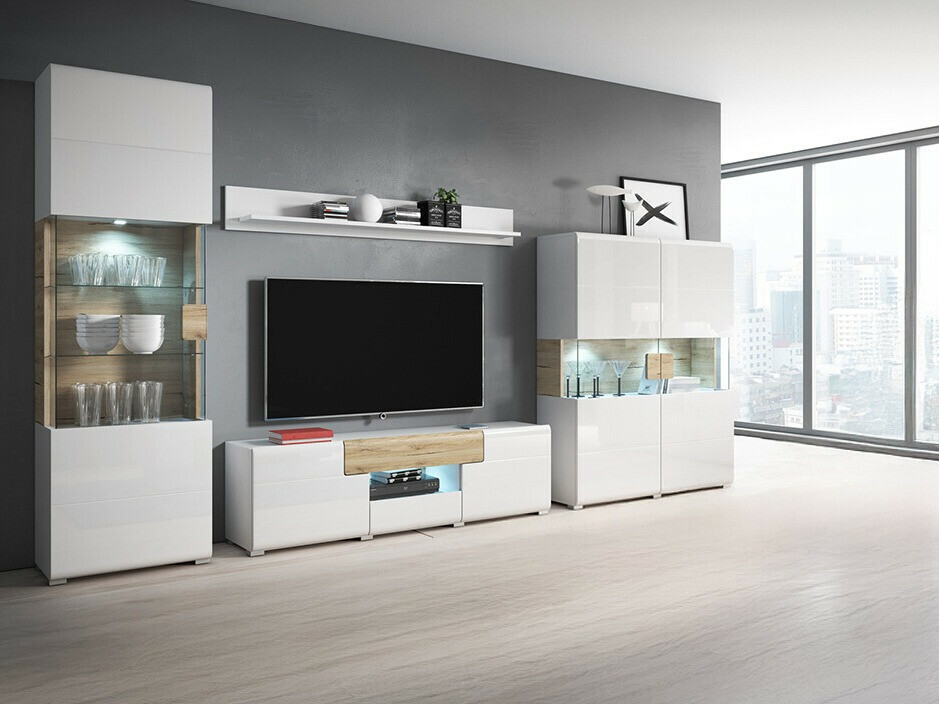 Parete attrezzata Torsone 104 (Bianco + Bianco lucido + Quercia sanremo)