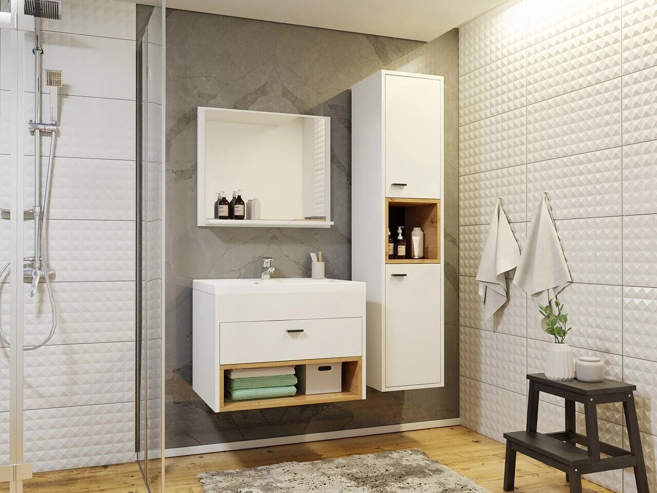 Comodino da bagno per lavandino Velum (Bianco + Rovere Artisan)