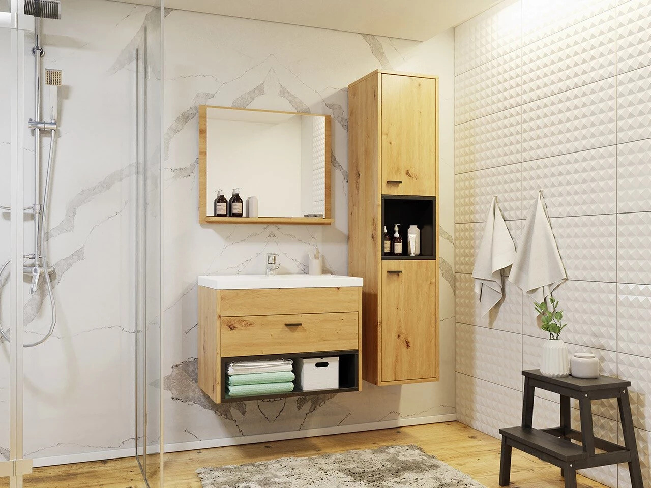 Comodino da bagno per lavandino Velum (Rovere Artisan + Nero)