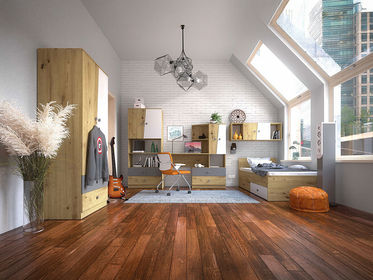 Set di mobili Almira 114 (Rovere Artisan + Bianco + Grigio)