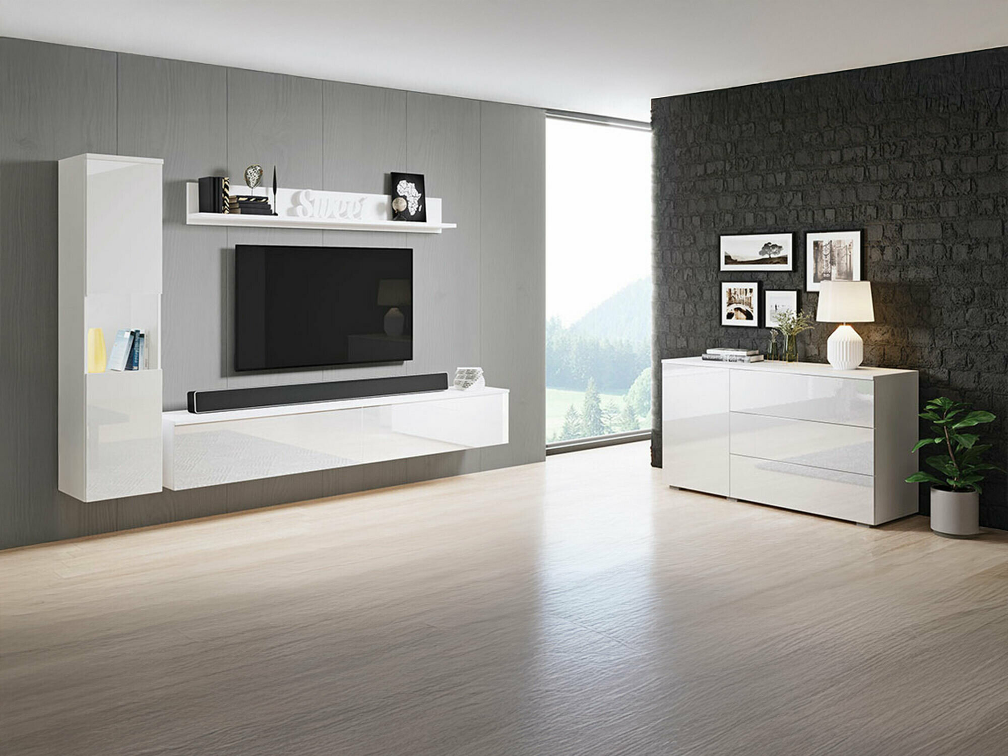 Parete attrezzata Sarasota 132 (Bianco + Bianco lucido)