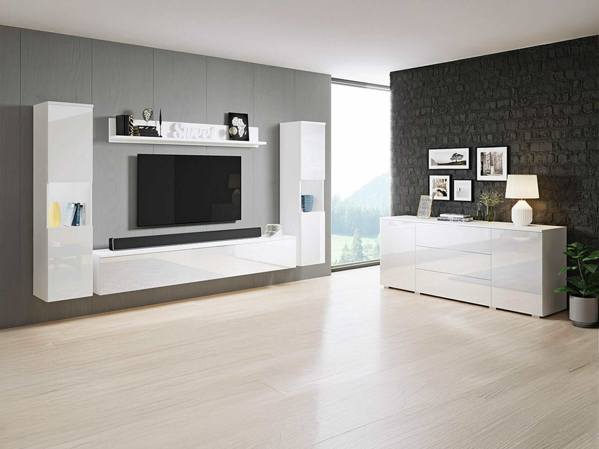 Parete attrezzata Sarasota 133 (Bianco + Bianco lucido)
